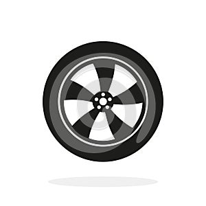 Wheel icon. Car wheel isolated on white background. Tire with rim. Tyre for auto, truck and bus. Black flat logo for automobile