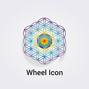 Wheel Icon Flower of Life Destiny Fate Logo Dharma Chakra Symbol Round Circle Infinity Vector Illustration