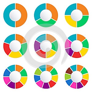 Wheel infographics template. Pie chart set with 2,3,4,5,6,7,8,9 and 10 parts or sections. Circle diagram, graph, business