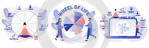 Wheel of life. Life balance concept. Tiny people use coaching tool. Human needs. Life coaching. Modern flat cartoon