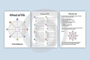 Wheel of life. Vector printable template. Coaching tool on white background. Life balance concept. Suitable for daily planner,