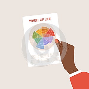 The Wheel of life. Woman analysis her needs. African female hand holds sheet with circle diagram of life balance. Well