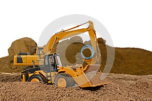 Wheel loader and Crawler excavator digging soil .