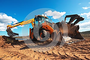 Wheel loader excavator with field background during earthmoving work, construction building