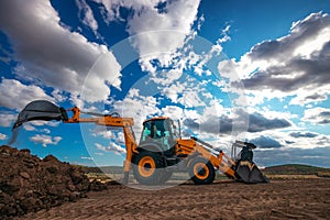 Wheel loader excavator with field background during earthmoving work, construction building