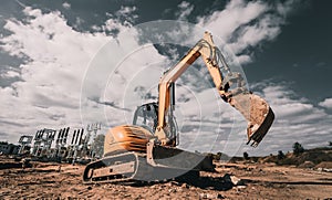 Wheel loader excavator works at construction site