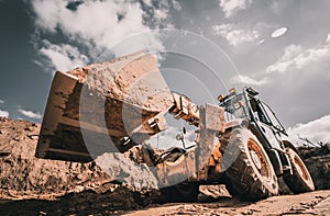 Wheel loader excavator works at construction site