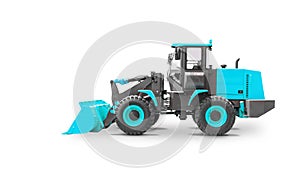 Wheel Loader Isolated on a White Background. Blue Front Loader. Loading Shovel.