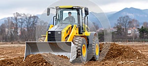 Wheel loader moving soil on construction site with mountains in background