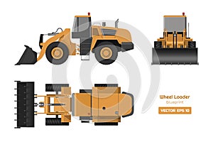 Wheel loader on white background. Top, side and front view. Hydraulic machinery image. Industrial drawing of bulldozer.