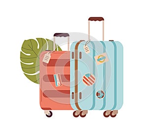 Wheel luggage for travel. Modern suitcases with handle, baggage tags and stickers. Holiday bags. Tourists packages. Flat vector