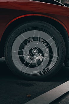 Wheel of luxury, red, sport car, close-up, vertical