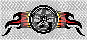 A wheel with a metal disc and flames on both sides on a carbon background. Template for design. Color vector illustration