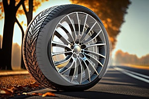 Wheel with modern alu rim with a great profile on asphalt. Replacement of winter and summer tires-topaz-enhance photo