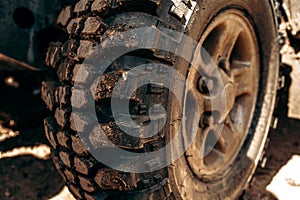 Wheel of offroad car in a muddy roadn forest