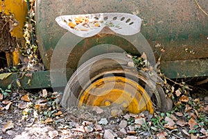 Wheel of an old slurry tanker half buried