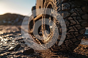 Wheel protector close up, off-road vehicle car in mud.