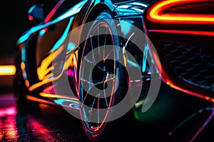 Wheel rim of a speed sports car with vibrant colors and neon lights, exuding a sense of speed and excitement. Racing Car Rims in
