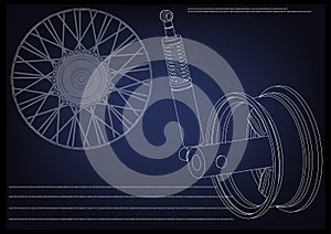 Wheel and shock absorber on a blue