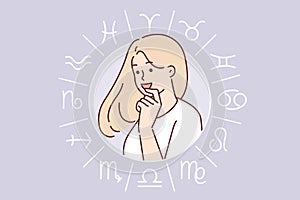 Wheel with signs of zodiac around young woman contemplating astrological prediction