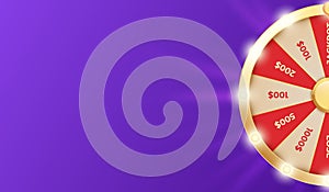 Wheel spin banner, fortune gamble win. Lucky casino game, jackpot or prize, arrow on circle roulette. Money lottery