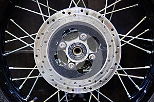 Wheel spokes and brake disc of a motorcycle