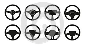 Wheel steering for car. Handle wheel of car. Auto steering collection. Modern icons for steer. Variety silhouettes of vehicle
