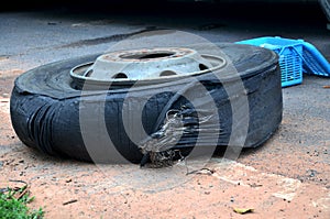 Wheel tire of bus broken and explosion on the road