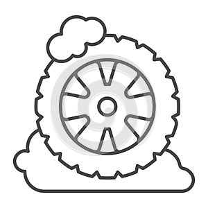Wheel with tire in foam thin line icon, car washing concept, car cleaning service symbol on white background, Wheel car