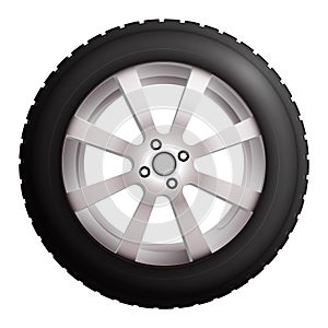 Wheel with tire and winter rubber tread. Winter tires for the car. Driving on slippery road. Driving safety. Realistic vector