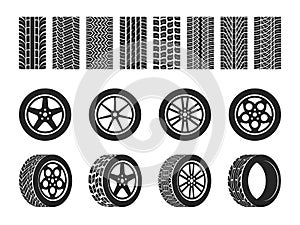 Wheel tires. Car tire tread tracks, motorcycle racing wheels and dirty tires track. Motocross bike trail, vehicle track photo