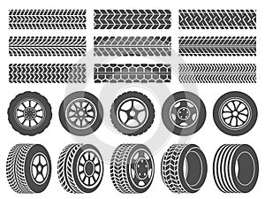 Wheel tires. Car tire tread tracks, motorcycle racing wheels icons and dirty tires track vector illustration set