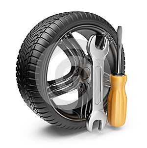 Wheel and tools. Car service. 3D Icon