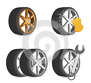 Wheel tools and repair icons set