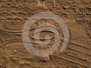 wheel tracks and footware prints on soil