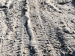 A wheel tracks on gray clay dirt road after rain. old rural road