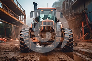 Wheel Tractor Scraper working in the rain, scooping mud and debris off a construction site road, Generative AI
