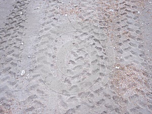 Wheel tread marks in the sand on the beach