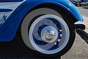 The wheel vintage car, Peugeot 201 m4 porters 1936, in the parking lot near the beach at Navodari