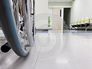 Wheel of wheelchair inside the hospital Soft focus