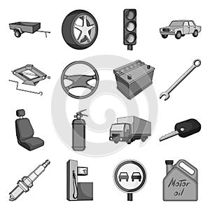 Wheel, wrench, jack and other equipment. Car set collection stock illustration