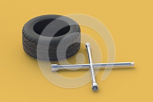 Wheel wrench and tyre. Car service. Mounting car tires