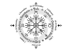 Wheel of the Year is an annual cycle of seasonal festivals, observed by many modern Pagans. Wiccan calendar and holidays isolated photo
