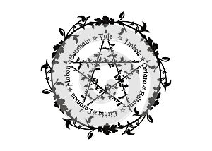 Wheel of the Year is an annual cycle of seasonal festivals. Wiccan calendar and holidays. Compass with pentagram with flowers