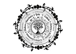 Wheel of the Year is an annual cycle of seasonal festivals. Wiccan calendar and holidays. Compass with Tree of Life, flowers