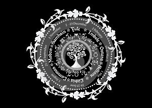 Wheel of the Year is an annual cycle of seasonal festivals. Wiccan calendar and holidays. Compass with Tree of Life, leaves