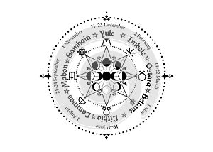 Wheel of the Year is an annual cycle of seasonal festivals. Wiccan calendar and holidays. Compass with triple moon Wicca pagan photo