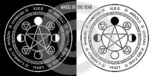 Wheel of the year vector illustration of pagan equinox holidays imbolc, ostara, beltane. Wiccan magical solstice