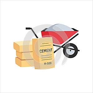 Wheelbarrow with cement, cartoon icon