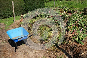 Wheelbarrow and compost in Great Dixter House & Gardens.